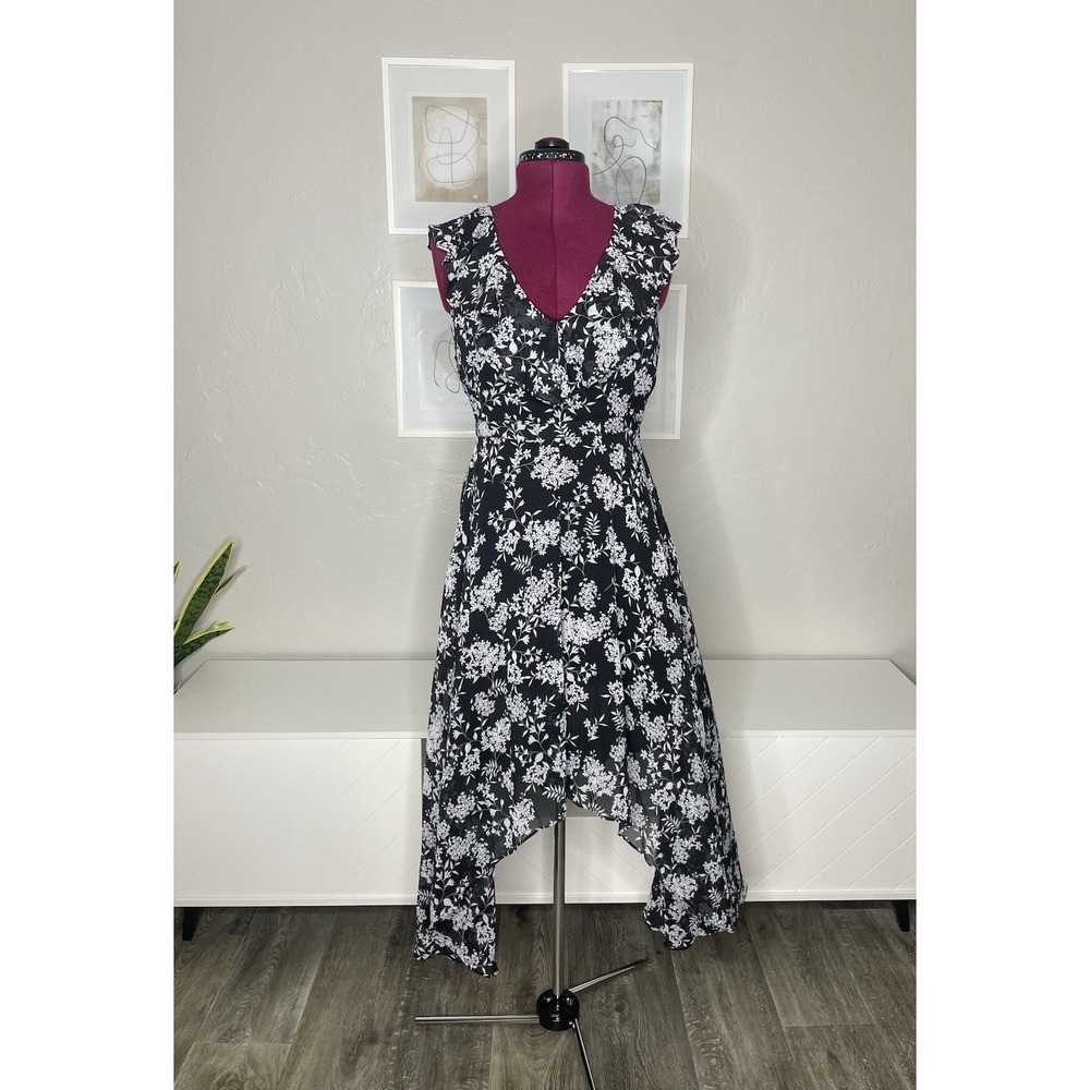 Banana Republic Ruffle Maxi Dress 10P Black White Floral Asymmetric Hem Fairy